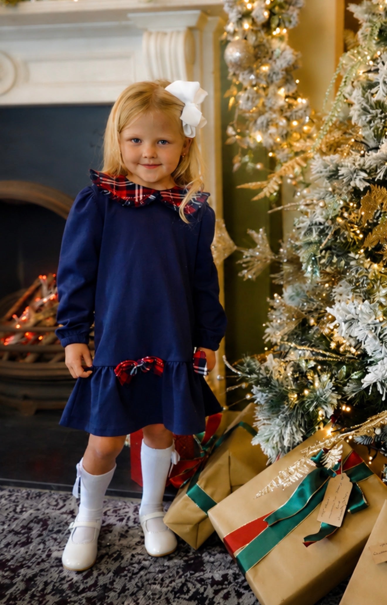 Esmae Girls Tartan Bow Frill Dress Navy