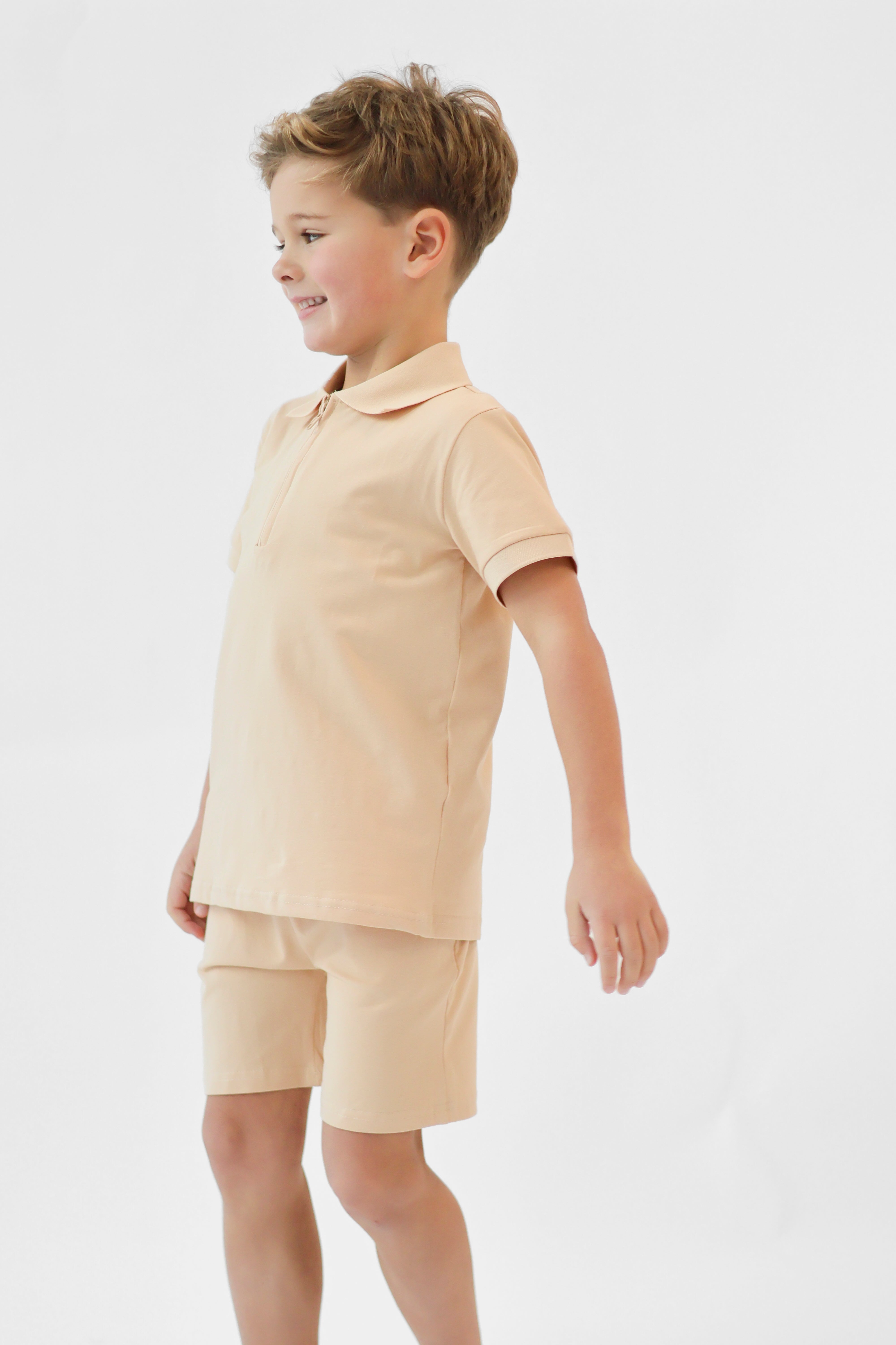 Jay Boys Plain Zip Up Polo Short Set Beige