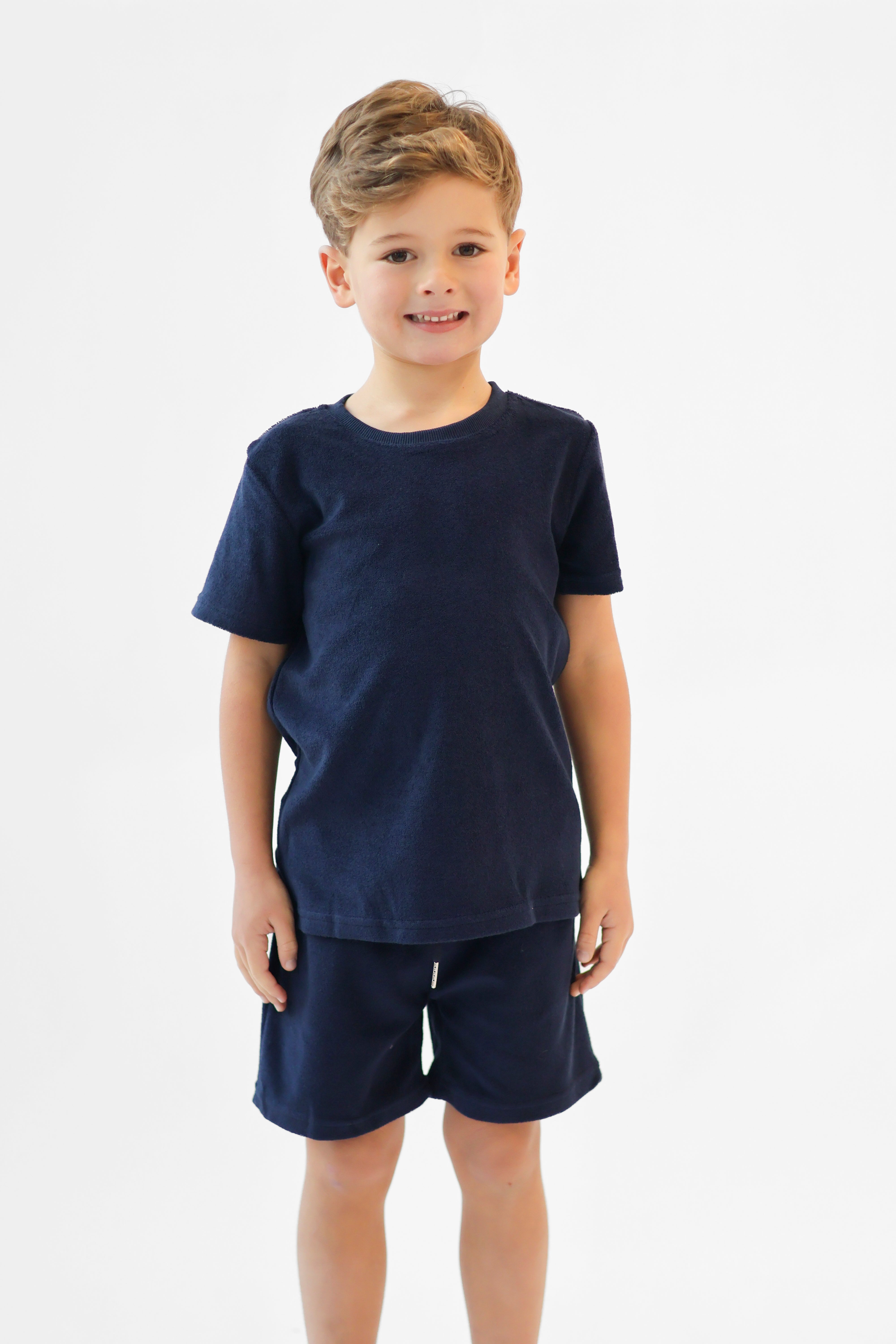 Bobby Terry Towelling Boys Plain Short Set Navy