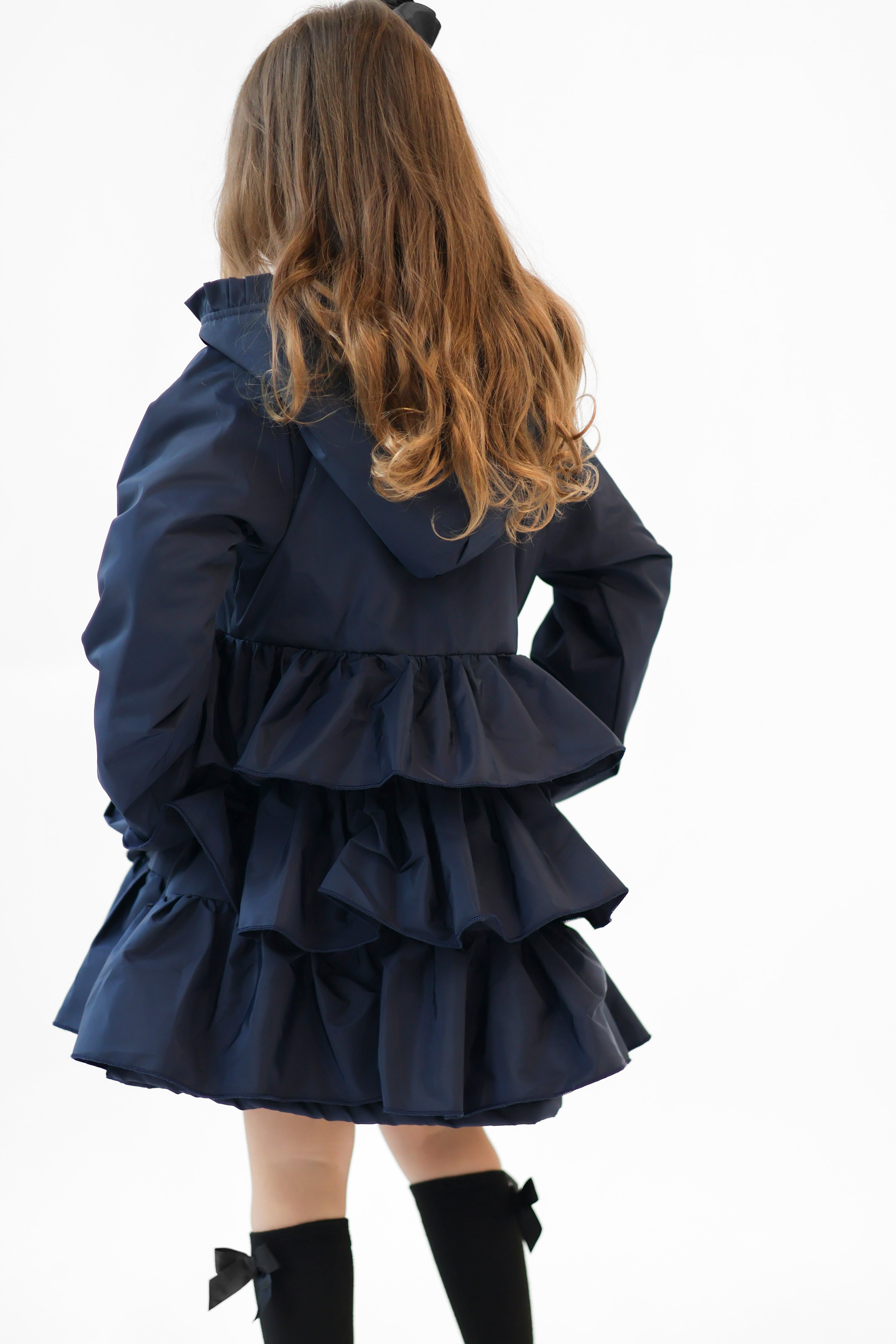 Martine Girls Frilly Bow Fleece Lined Rain Jacket Navy