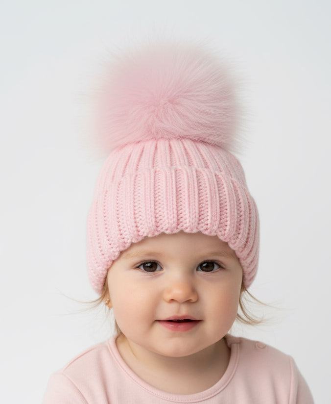 Kids Single Fur Pom Pom Hat Pink