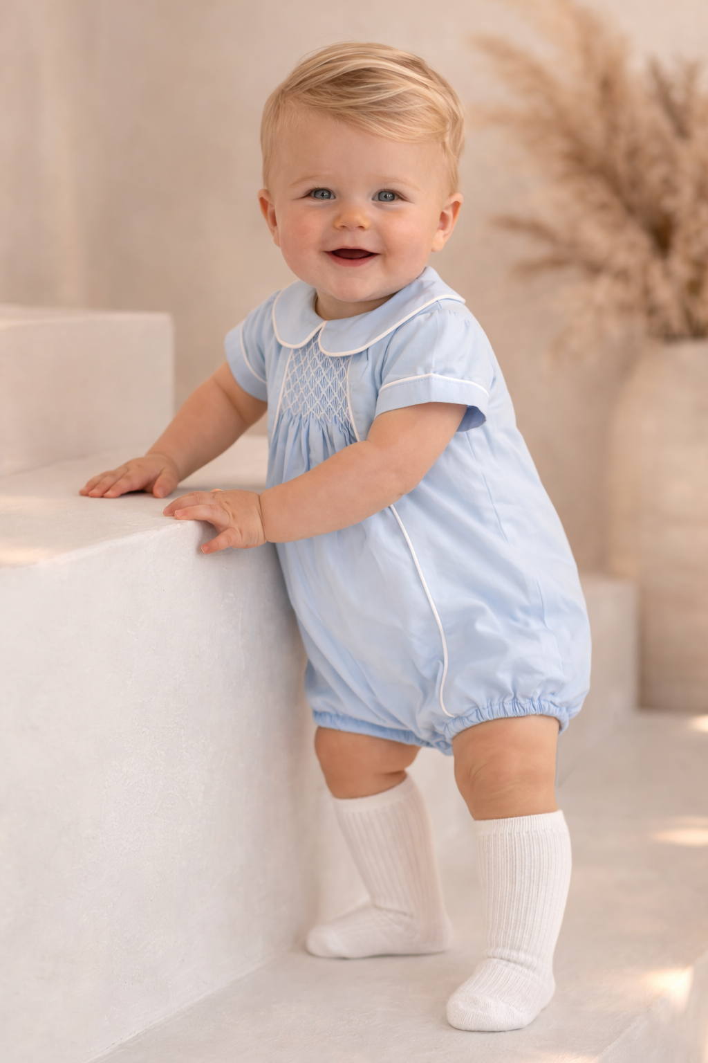 Baby Boys Blue Smocked Romper Suit