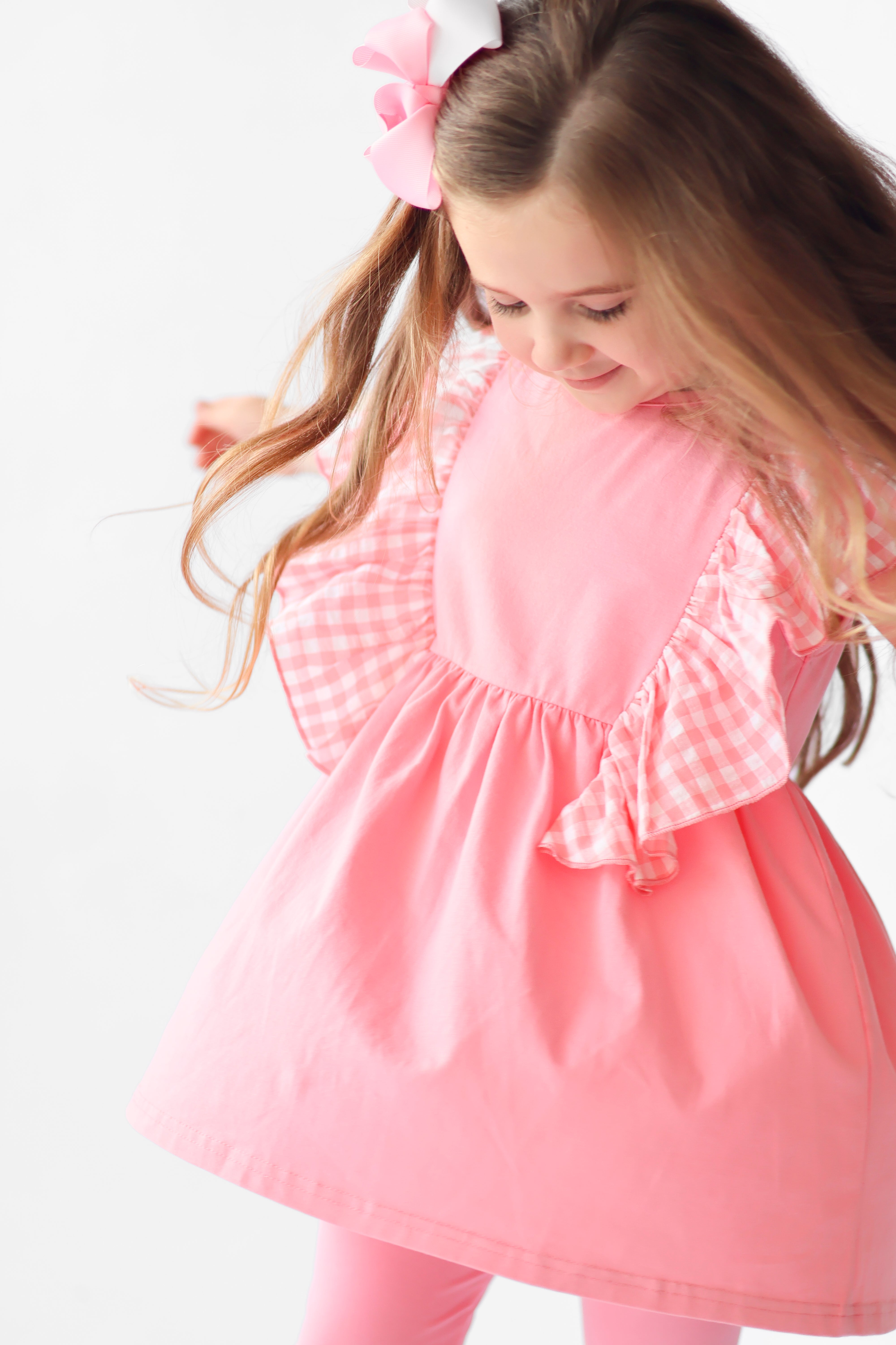 Gia 3 piece Girls Pink Frilly Gingham Leggings & Shorts Tracksuit Set