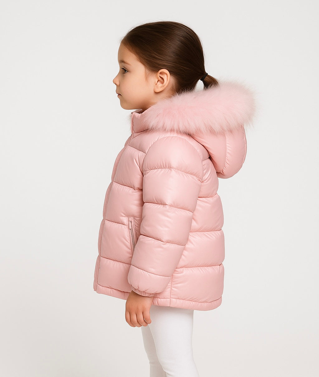 Pink Kids Faux Fur Trim Padded Puffer Coat
