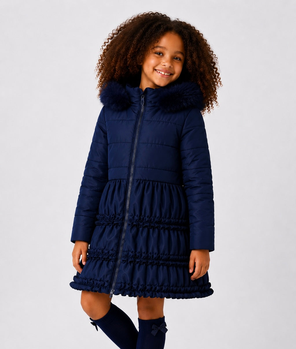 Rosie Girls Ruffle Frilly Padded Coat Navy