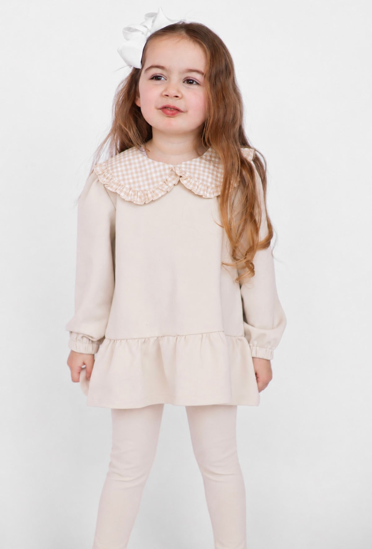 Posie Luxe Girls Checked Jumper & Legging Tracksuit Set Beige