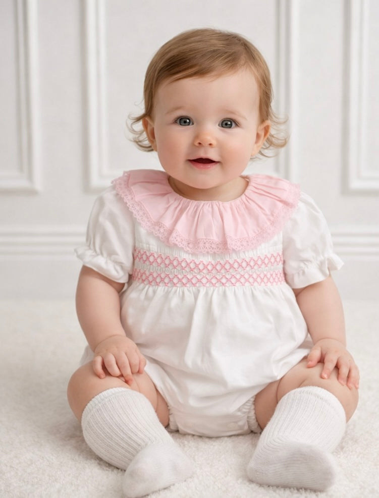 105 Girls Smocked Pink Frilly Romper