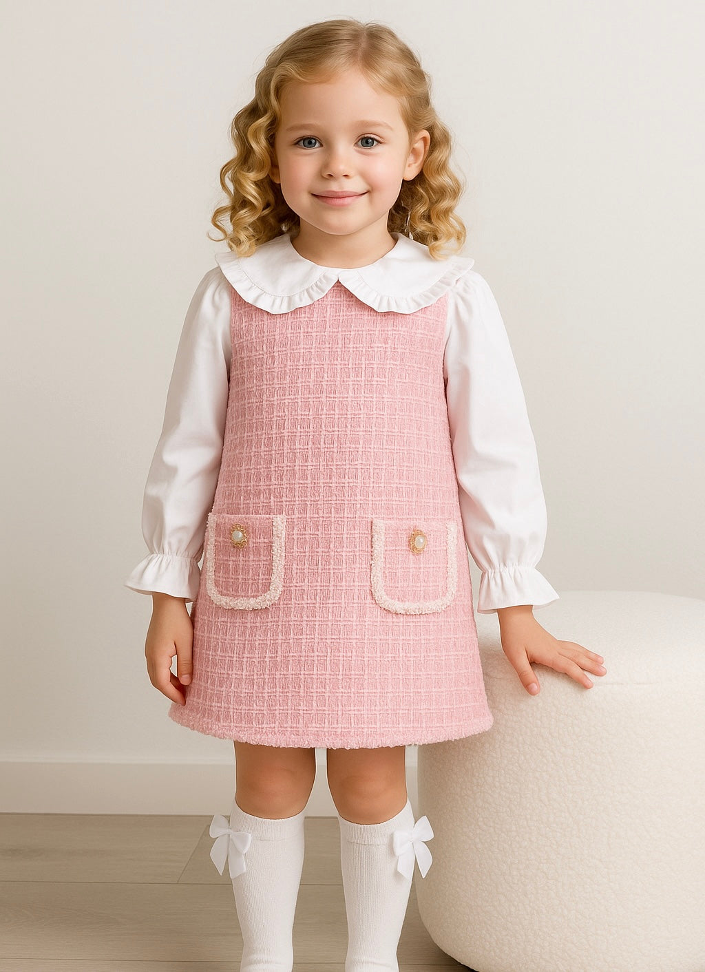 Bronte Girls Tweed Shirt Look Glitter Dress Pink