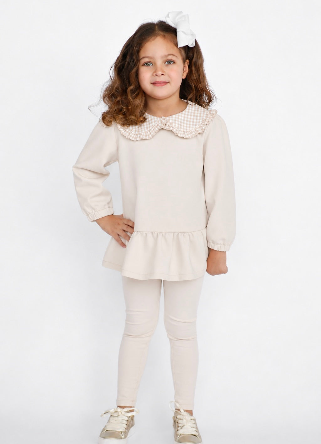 Posie Luxe Girls Checked Jumper & Legging Tracksuit Set Beige