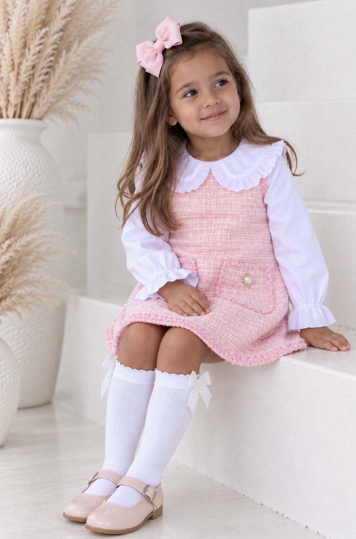 Alaska Girls Tweed look Shimmer Shirt Dress Pink