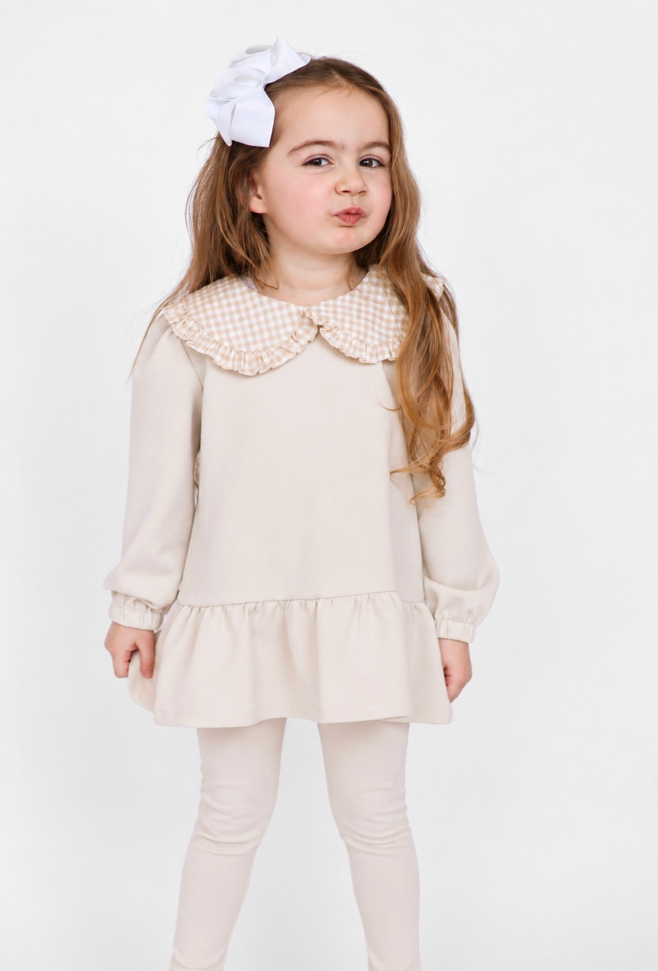 Posie Luxe Girls Checked Jumper & Legging Tracksuit Set Beige
