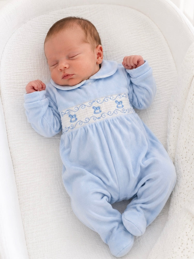 Rocking Horse Velour Embroidered Babygrow Blue