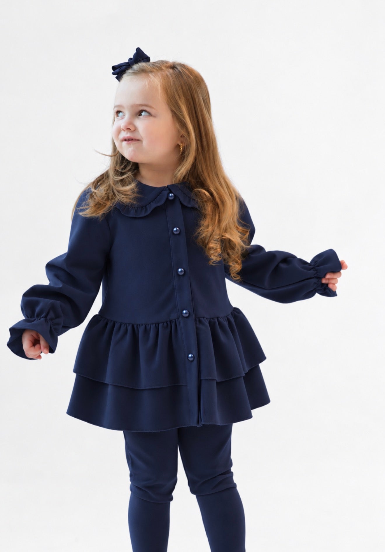 Elsie Luxe Girls Pearl Button Top & Legging Tracksuit Set Navy