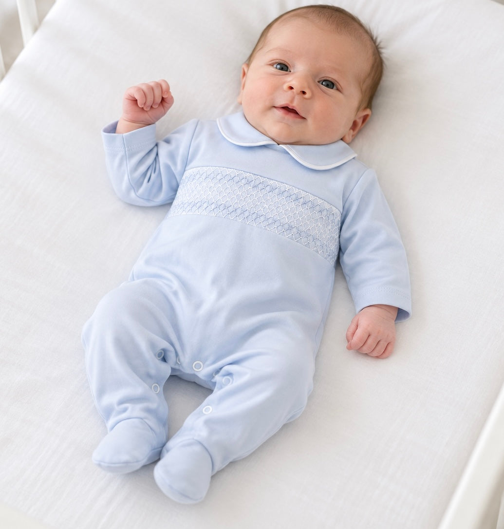 SG68C Baby Boys Cotton Peter Pan Collar Smocking Babygrow Blue