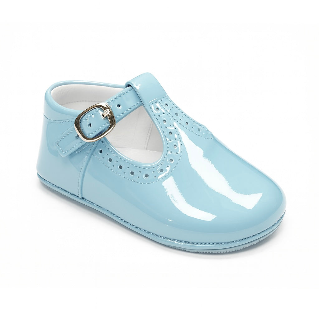 161002 Baby Blue Patent T-Bar Shoe