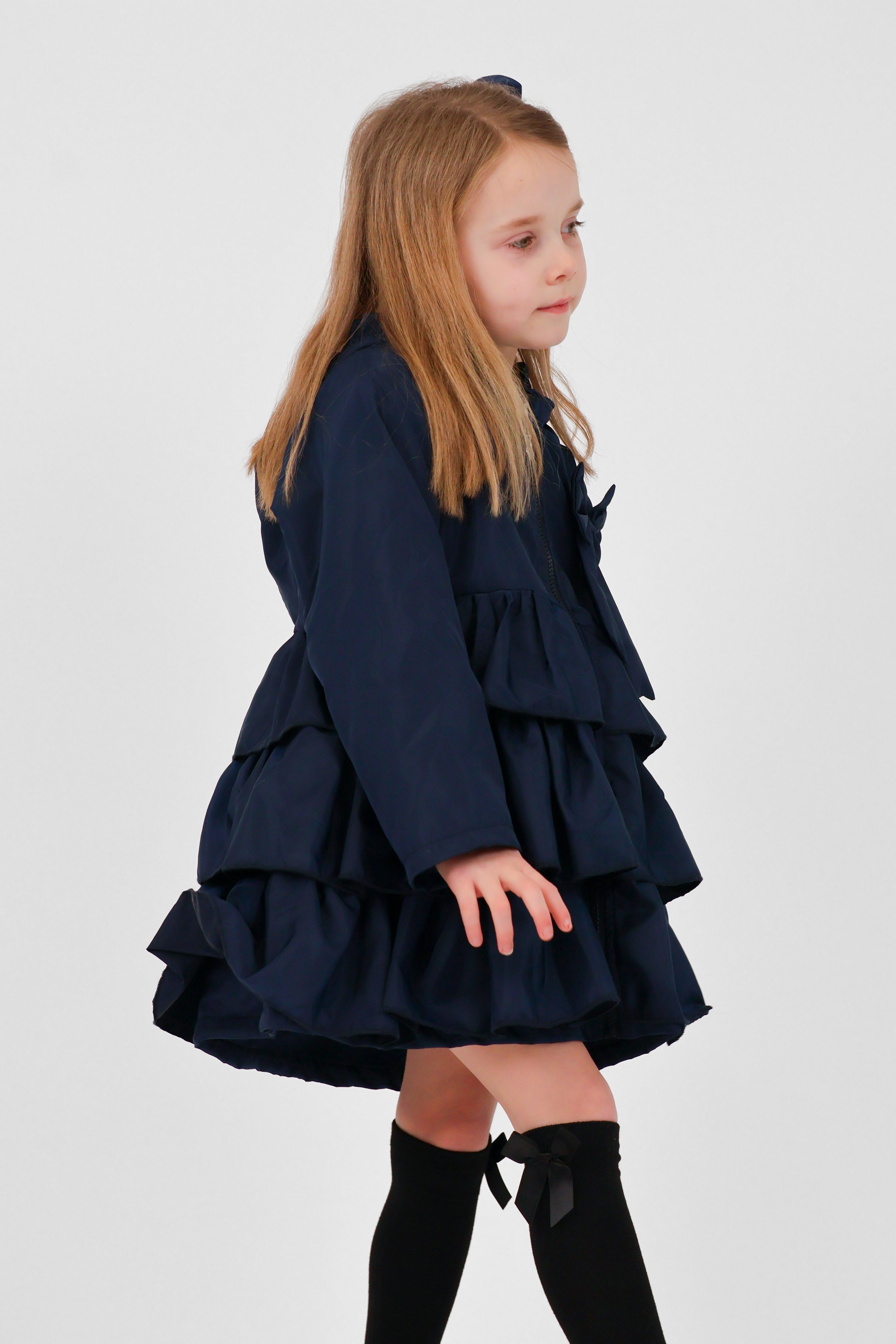 Pixie Girls Frilly Bow Fleece Lined Rain Jacket Navy