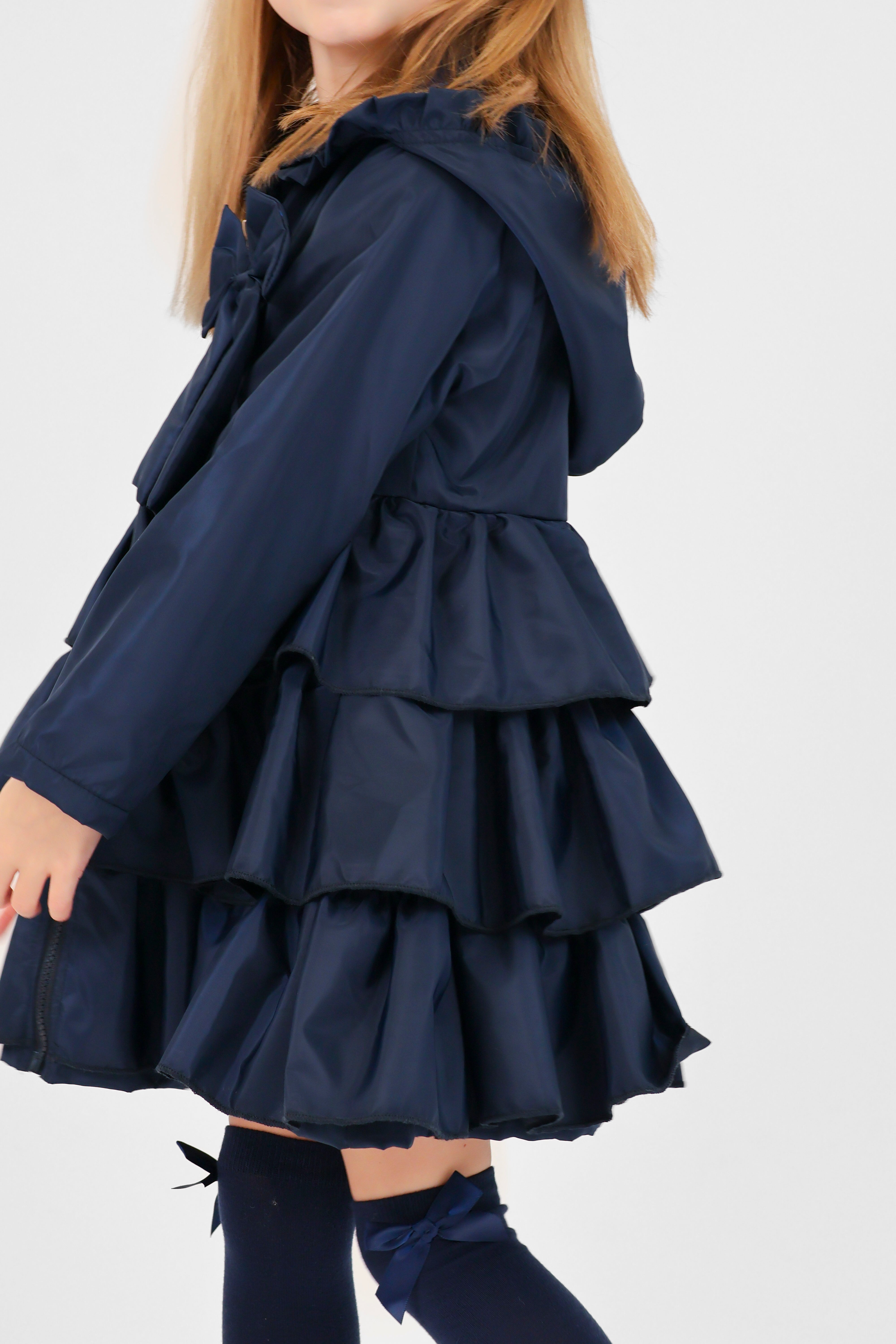 Pixie Girls Frilly Bow Fleece Lined Rain Jacket Navy
