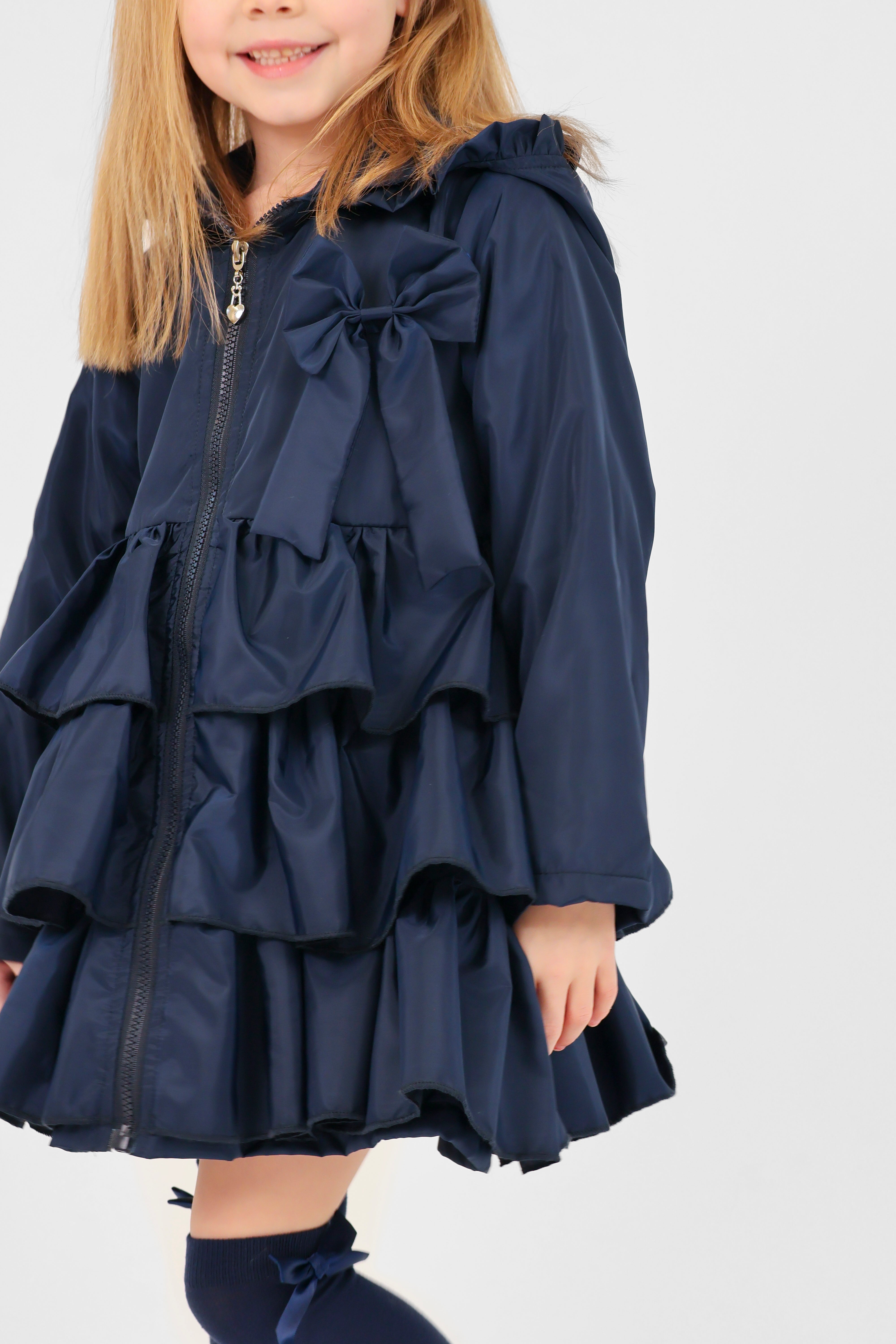 Pixie Girls Frilly Bow Fleece Lined Rain Jacket Navy