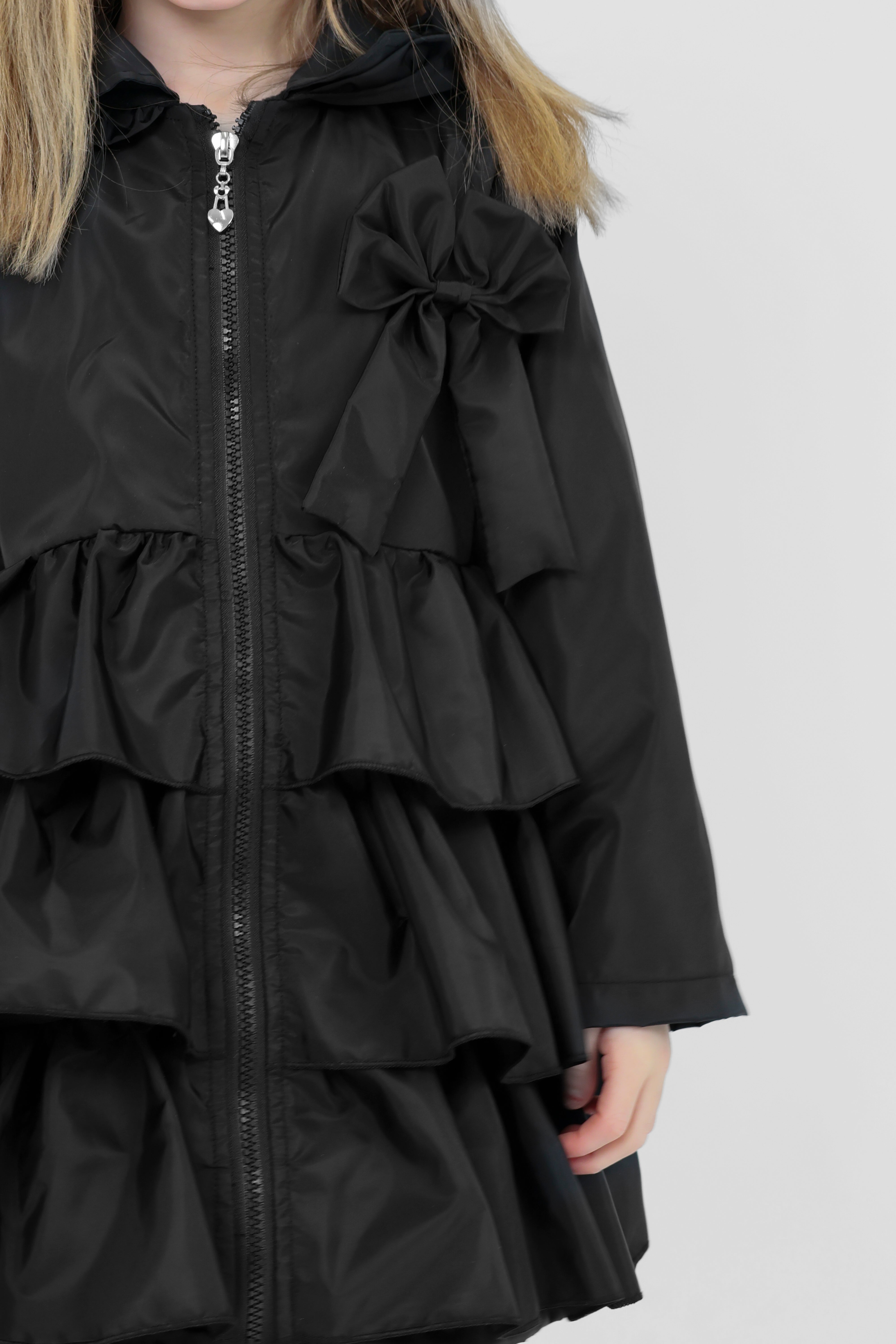 Pixie Girls Frilly Bow Fleece Lined Rain Jacket Black