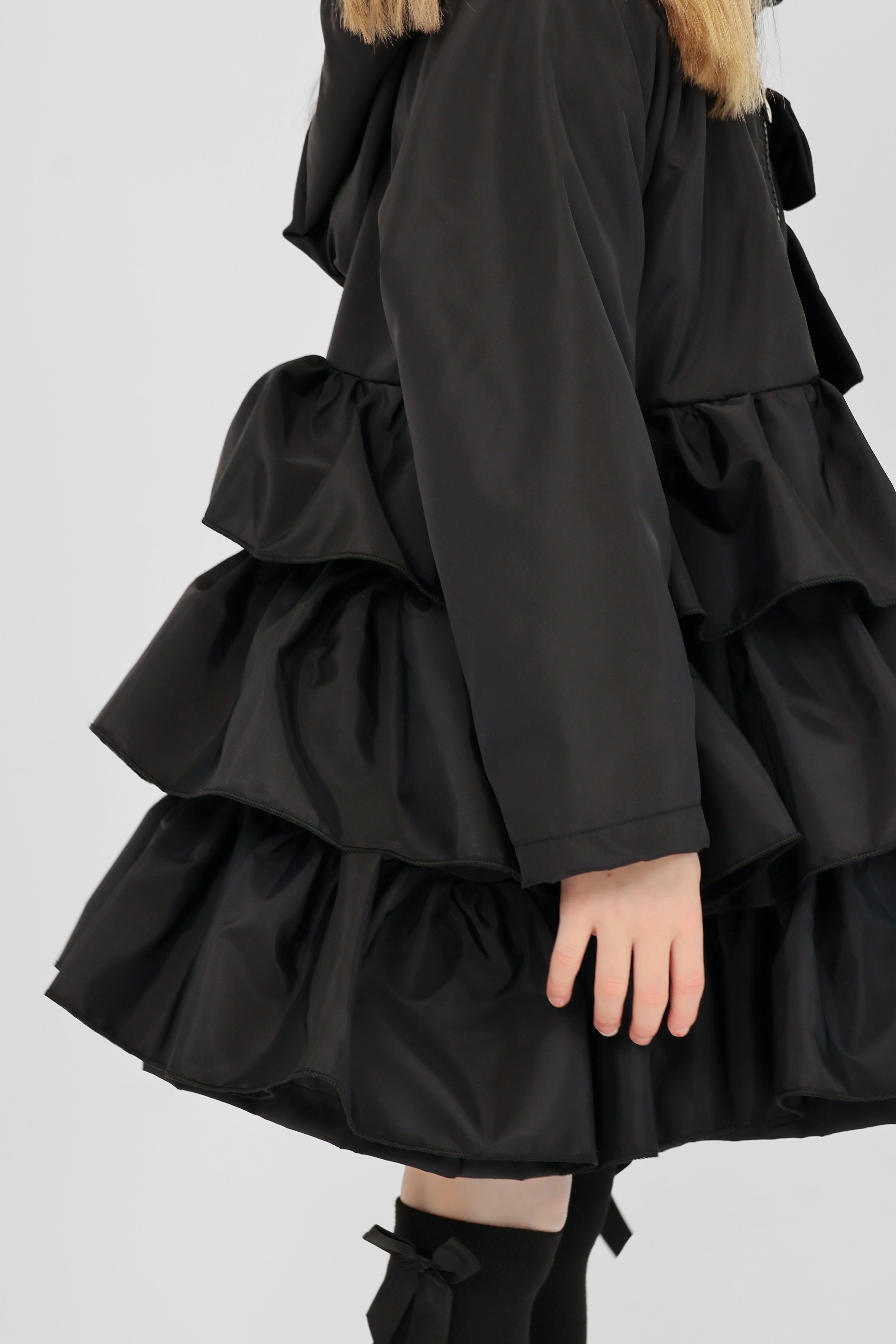 Pixie Girls Frilly Bow Fleece Lined Rain Jacket Black