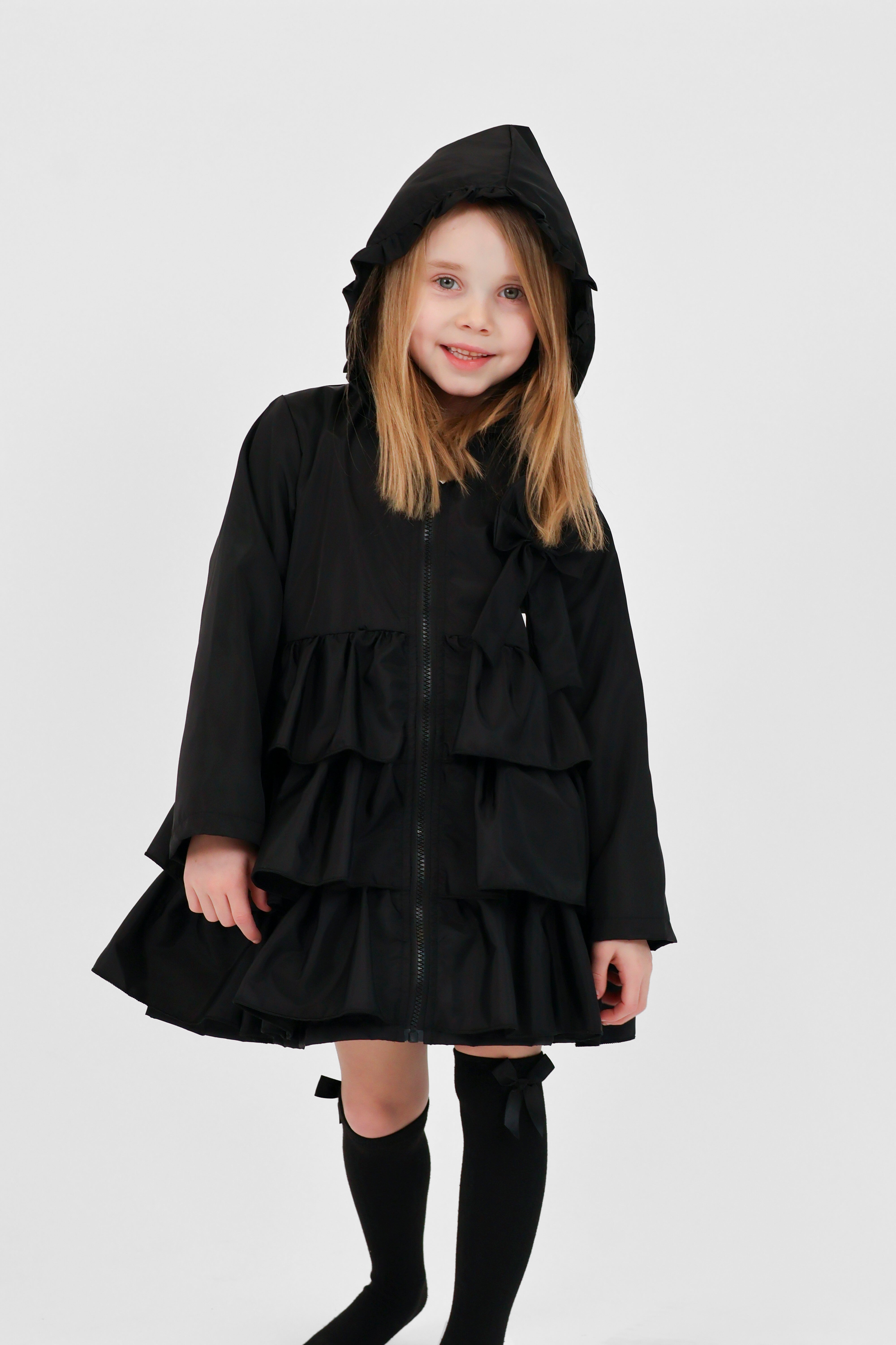 Pixie Girls Frilly Bow Fleece Lined Rain Jacket Black