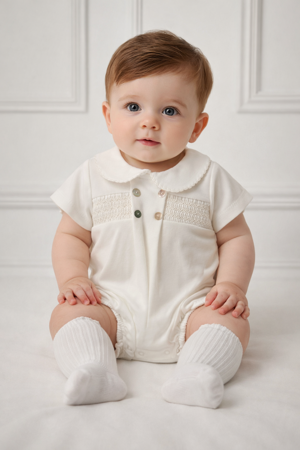 Baby Boys Pex Smocked Ivory Romper