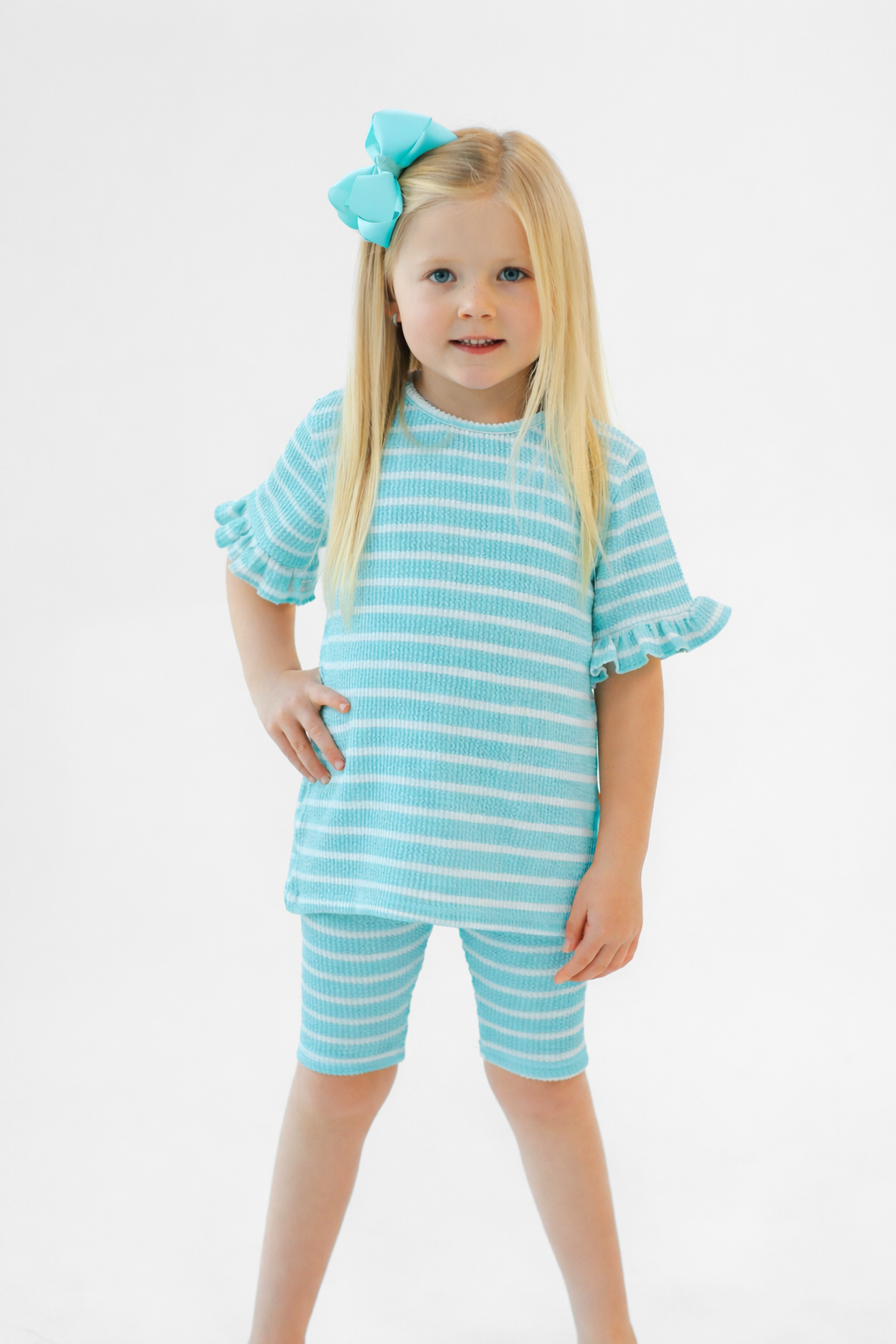 Iris Girls Waffle T-Shirt & Cycling Shorts Set Aqua Blue