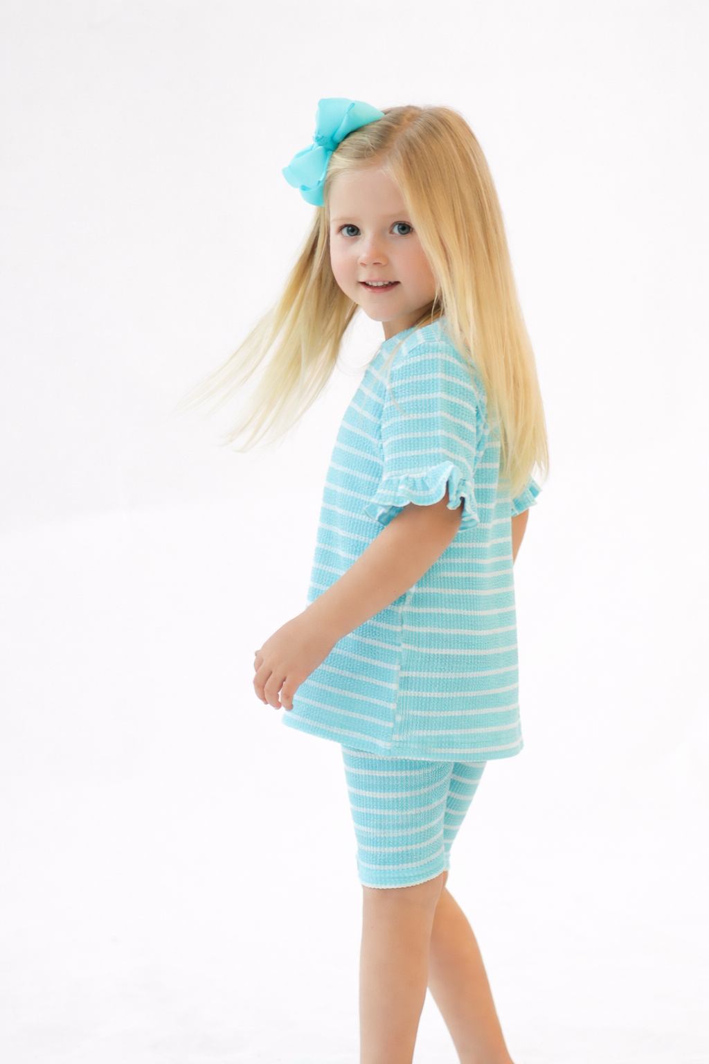Iris Girls Waffle T-Shirt & Cycling Shorts Set Aqua Blue