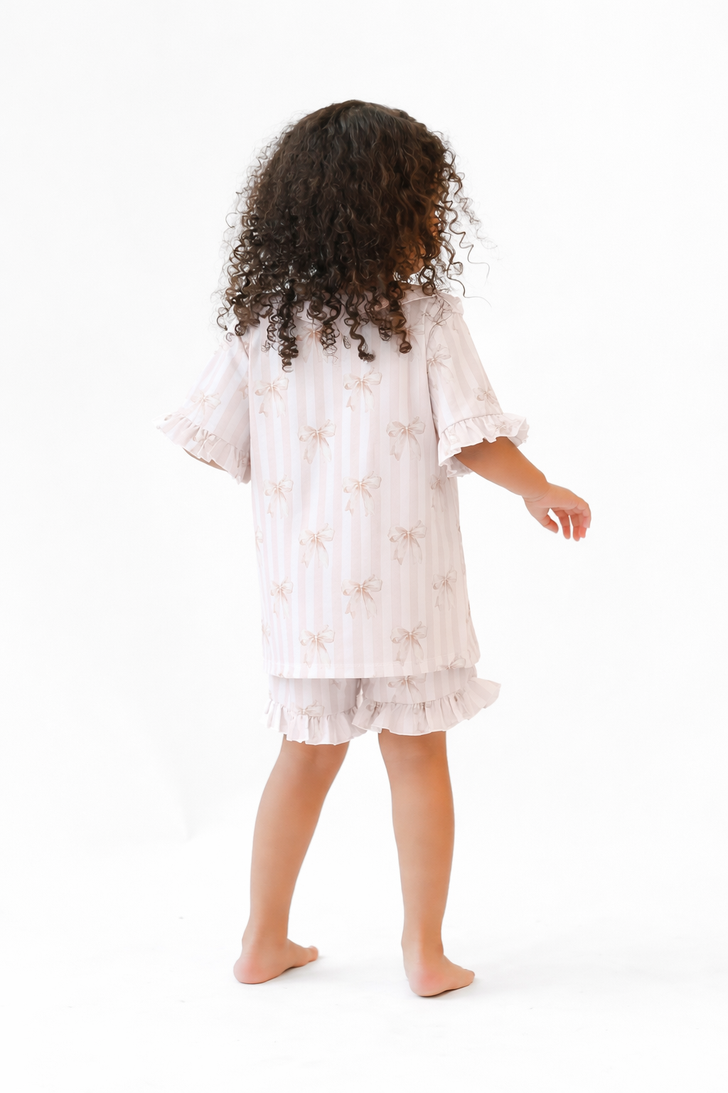 Beige Stripe Bow Short Sleeve Girls Frilly Pyjamas