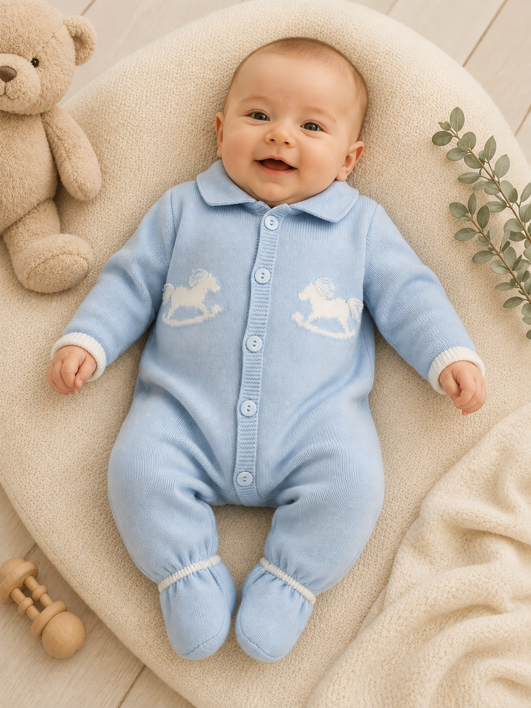 Baby Boys Knitted Rocking Horse Babygrow & Hat Blue