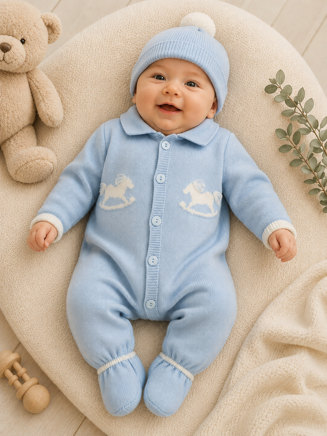 Baby Boys Knitted Rocking Horse Babygrow & Hat Blue
