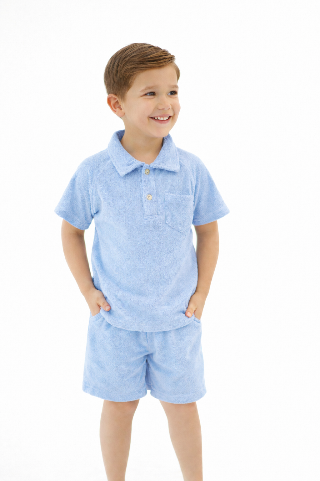 Ernie Boys Terry Towelling Button Polo Top & Shorts Baby Blue