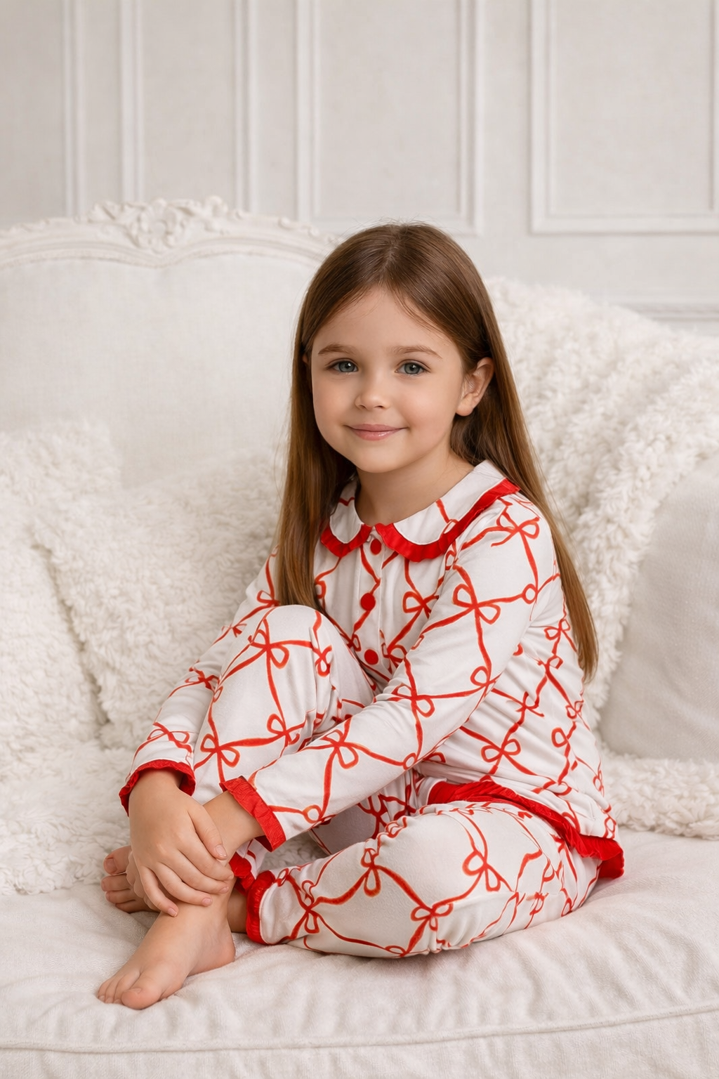 Girls Bow Print Frilly Pyjamas Red