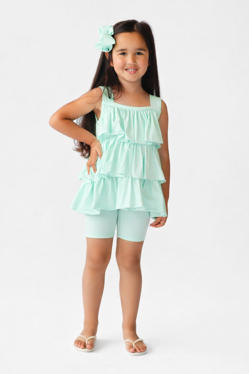 Eva Girls Frilly Ruffle 3 Piece Top Shorts & Leggings Set Mint