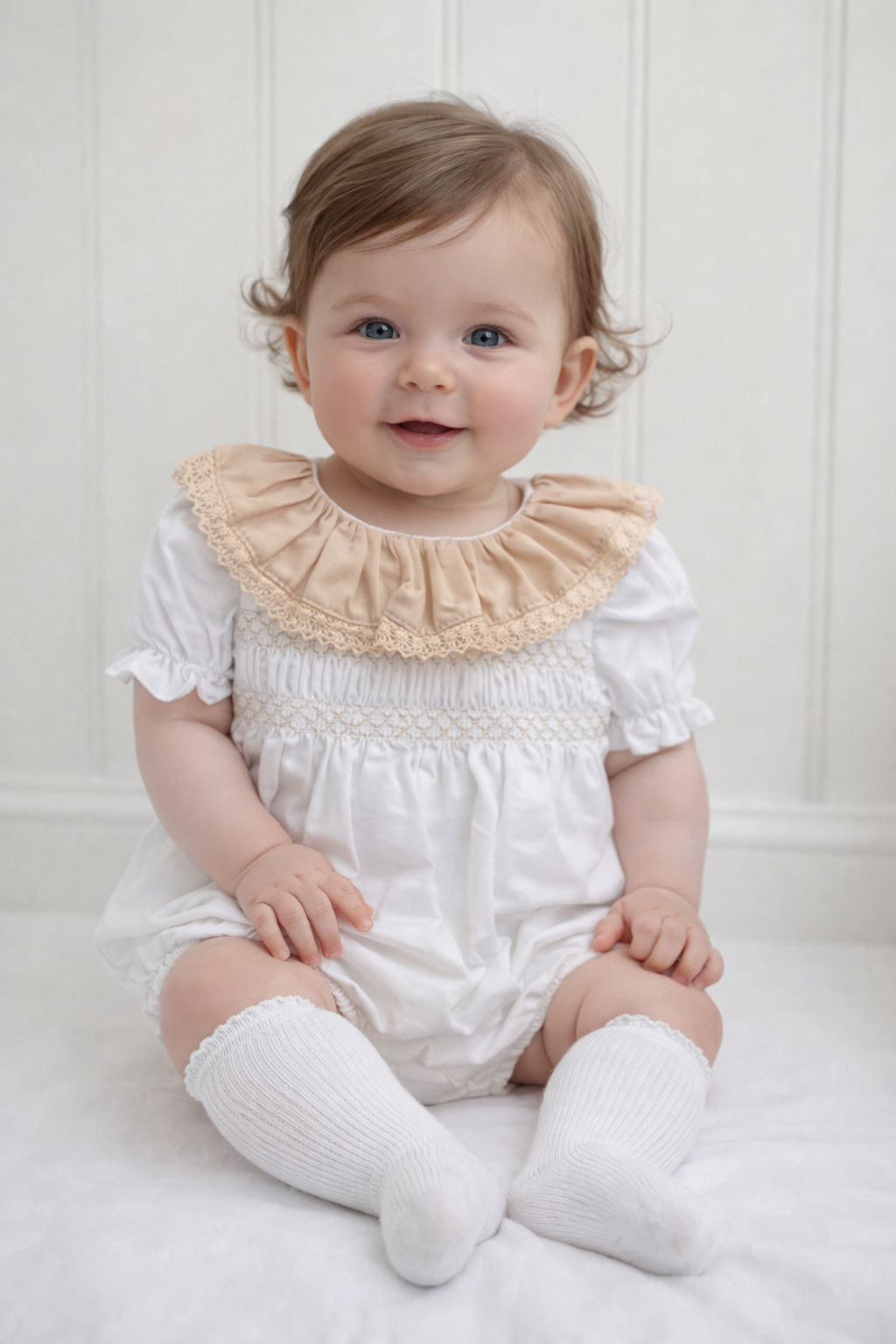 105 Girls Smocked Camel Frilly Romper