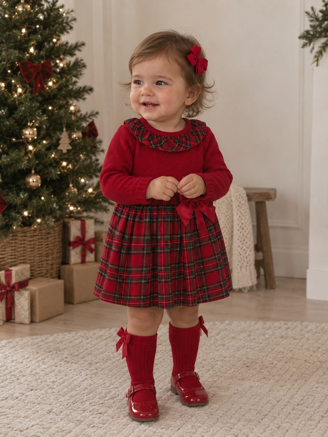 Izzie Girls Red Tartan Frilly Collar Dress