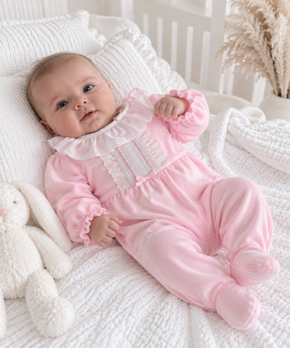 Hannah Babygrow Pink Embroidered Velour