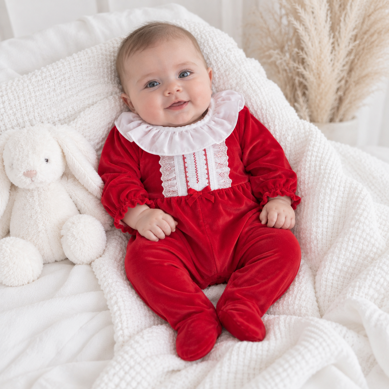 Hannah Babygrow Red Embroidered Velour
