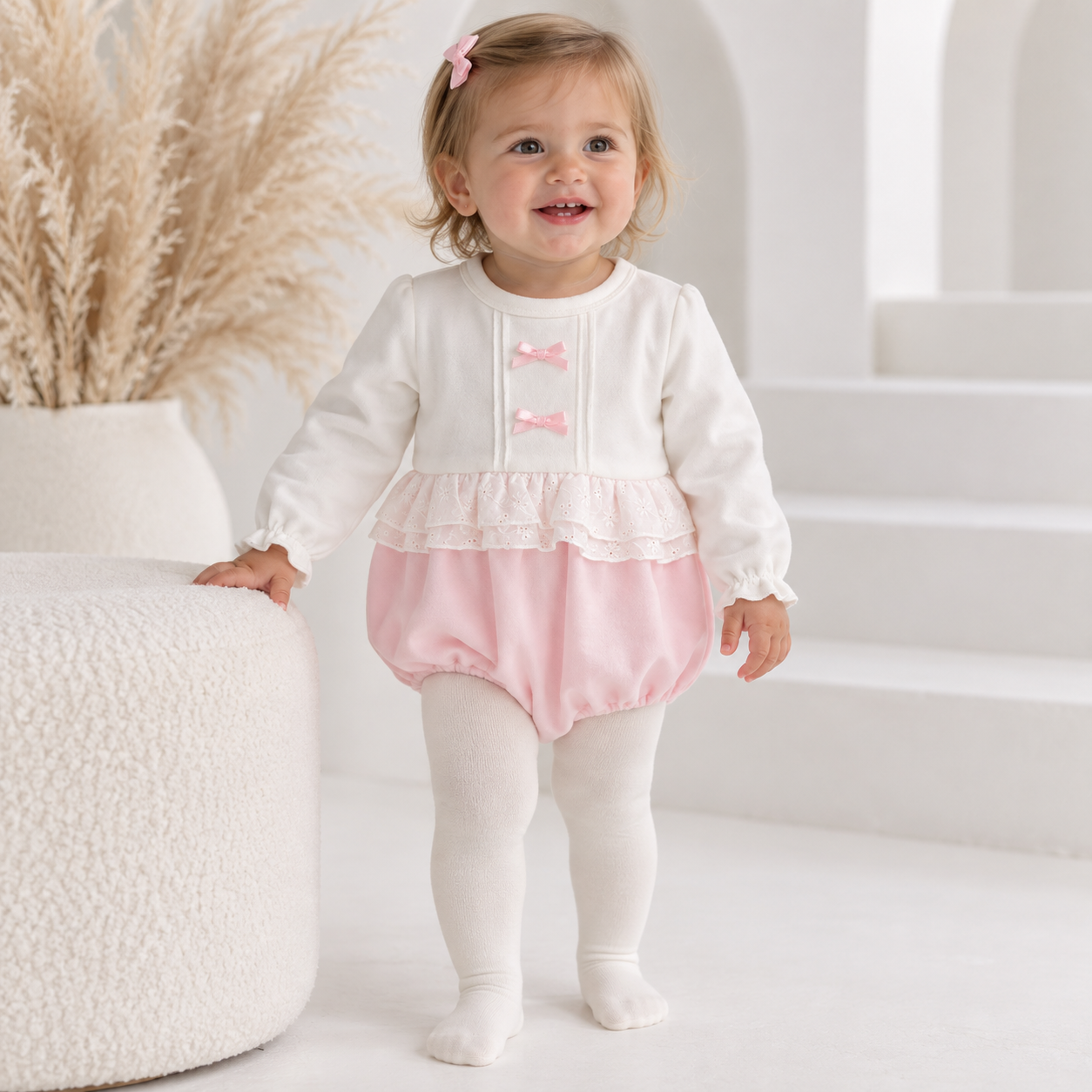 Polly Pex Baby Girls Velour Bow Romper Ivory/Pink