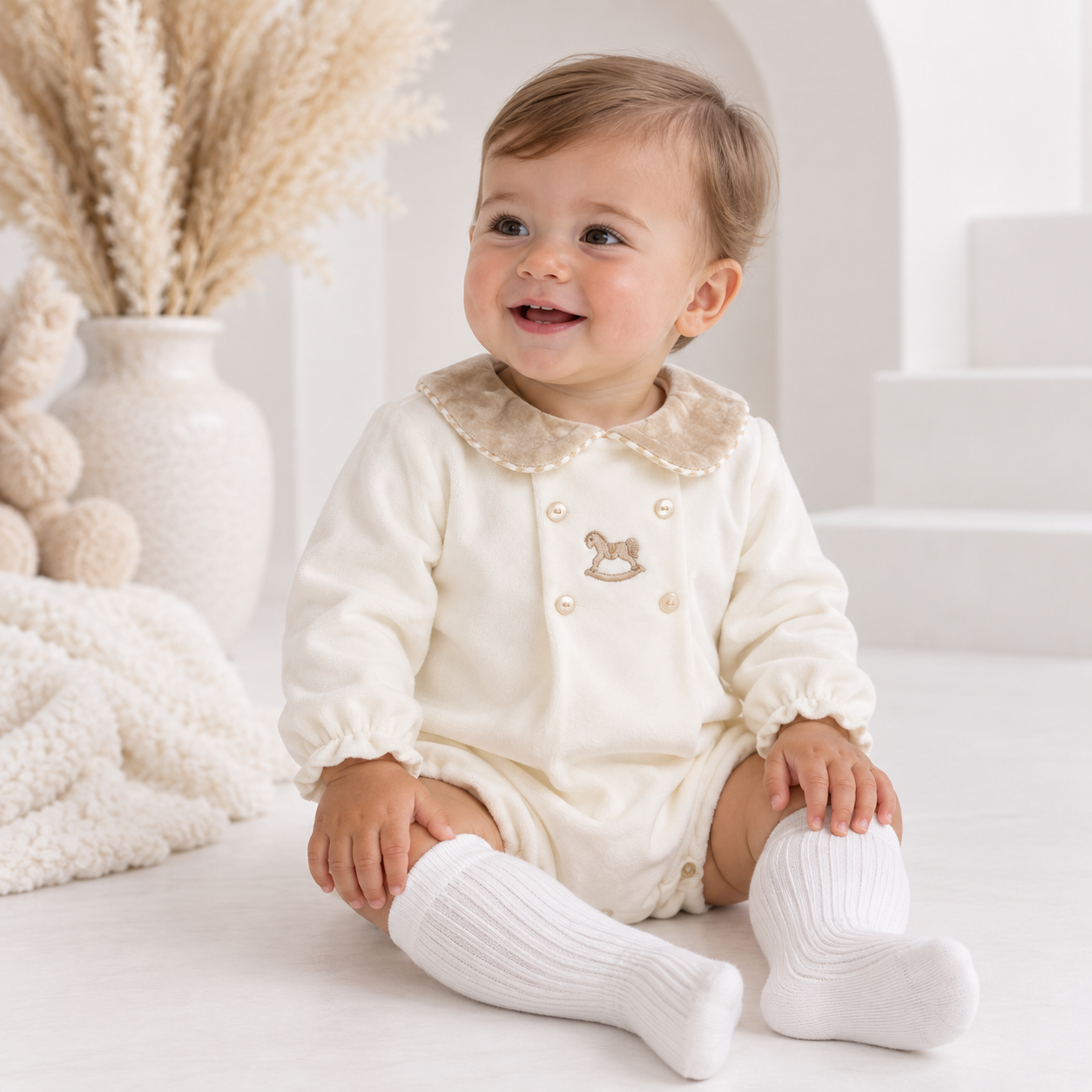George Romper Peter Pan Collar Embroidery Horse Cream Velour
