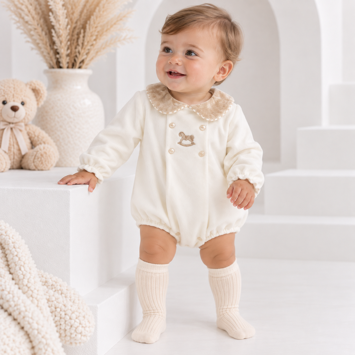 George Romper Peter Pan Collar Embroidery Horse Cream Velour
