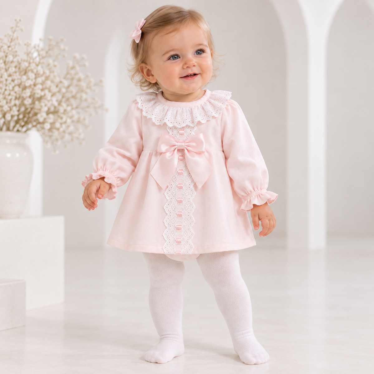 26214 Baby Girls Pink Ribbon Bow Dress & Bloomers