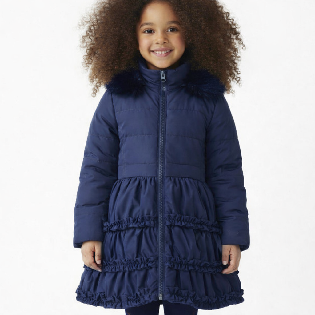 Rosie Girls Ruffle Frilly Padded Coat Navy