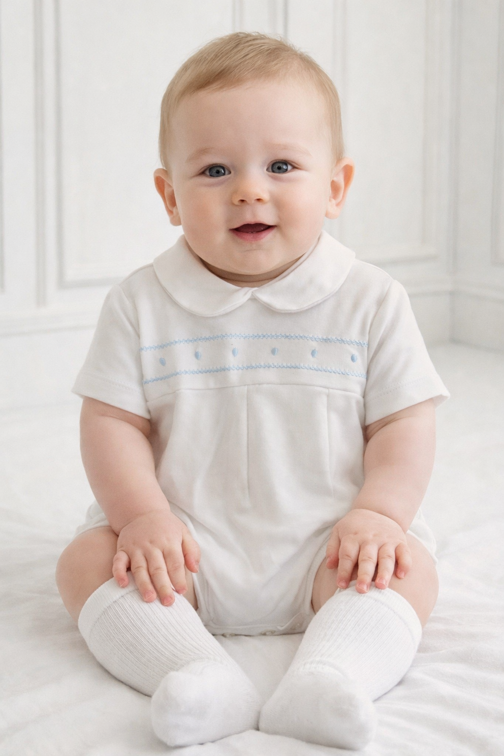 Baby Boys White & Blue Romper Suit