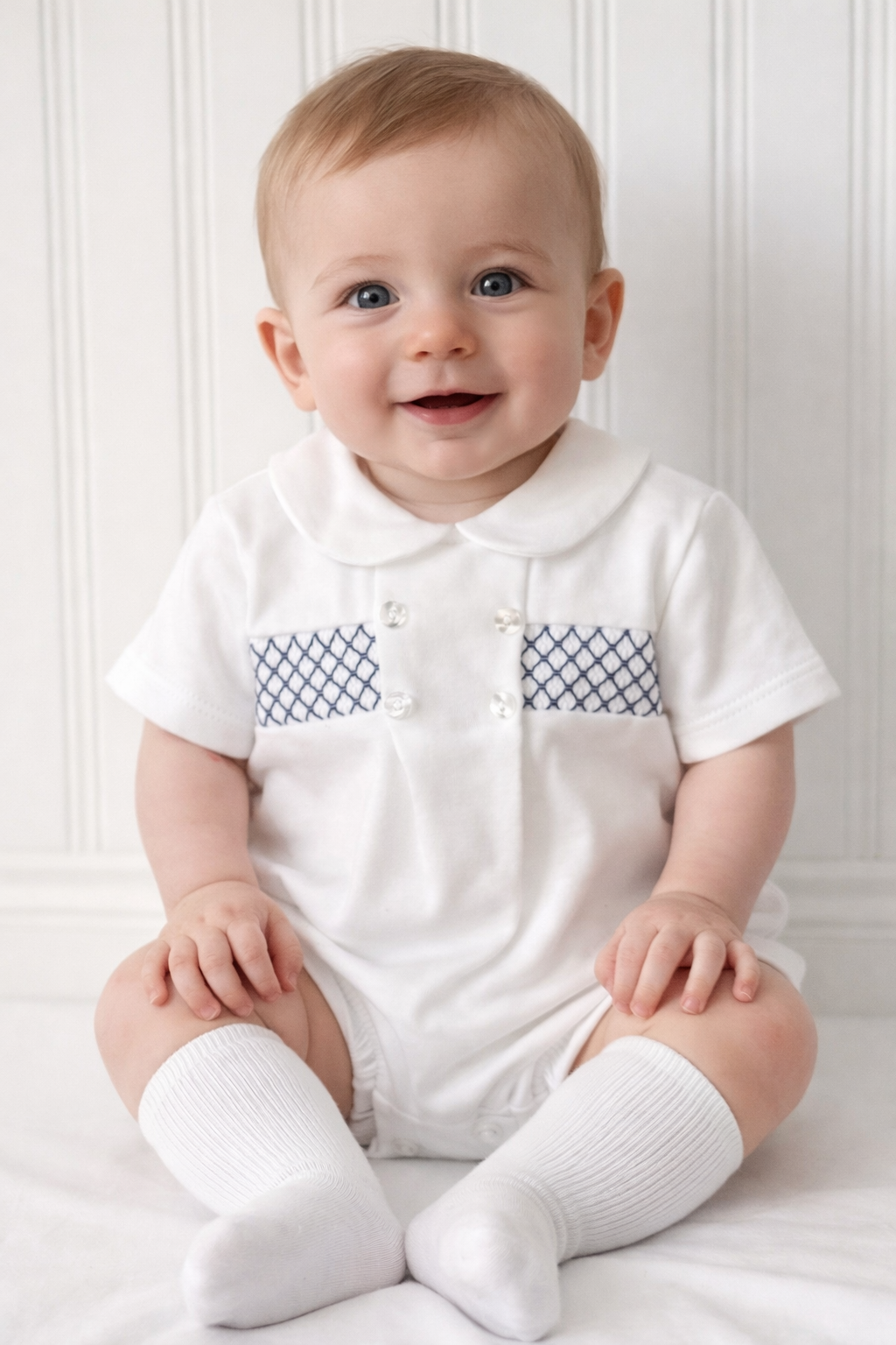Baby Boys White/Navy Button Smock Romper Suit
