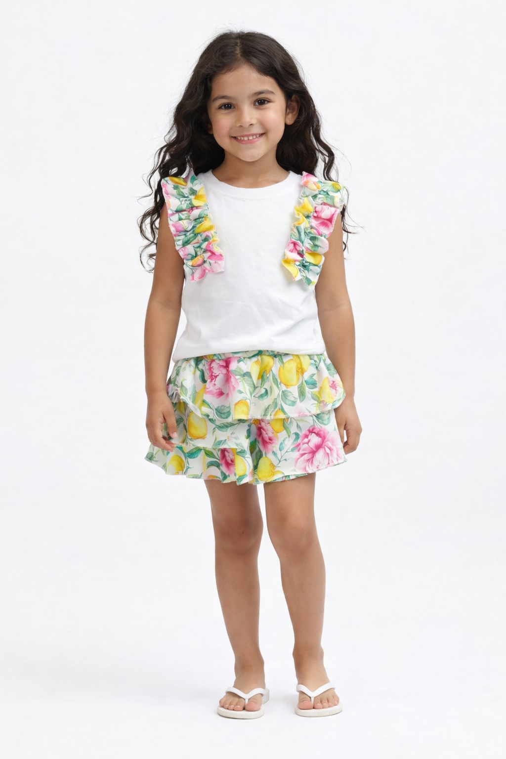 Girls Pink Lemon Print Shorts & Frilly Top Set