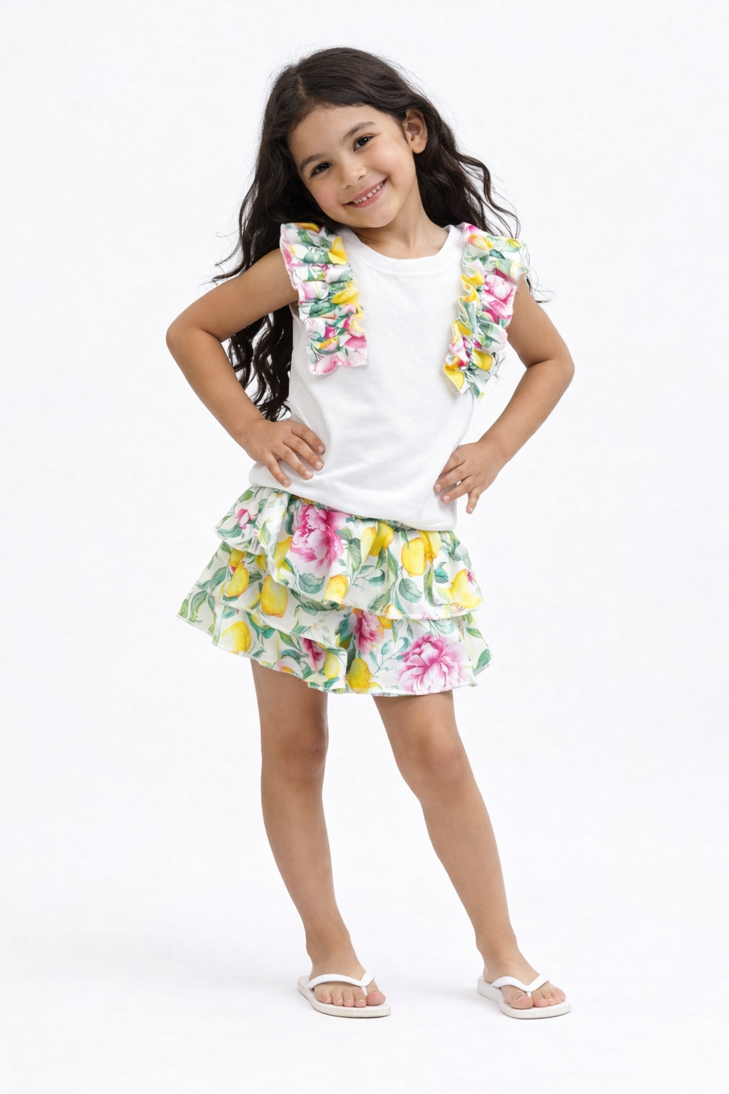 Girls Pink Lemon Print Shorts & Frilly Top Set