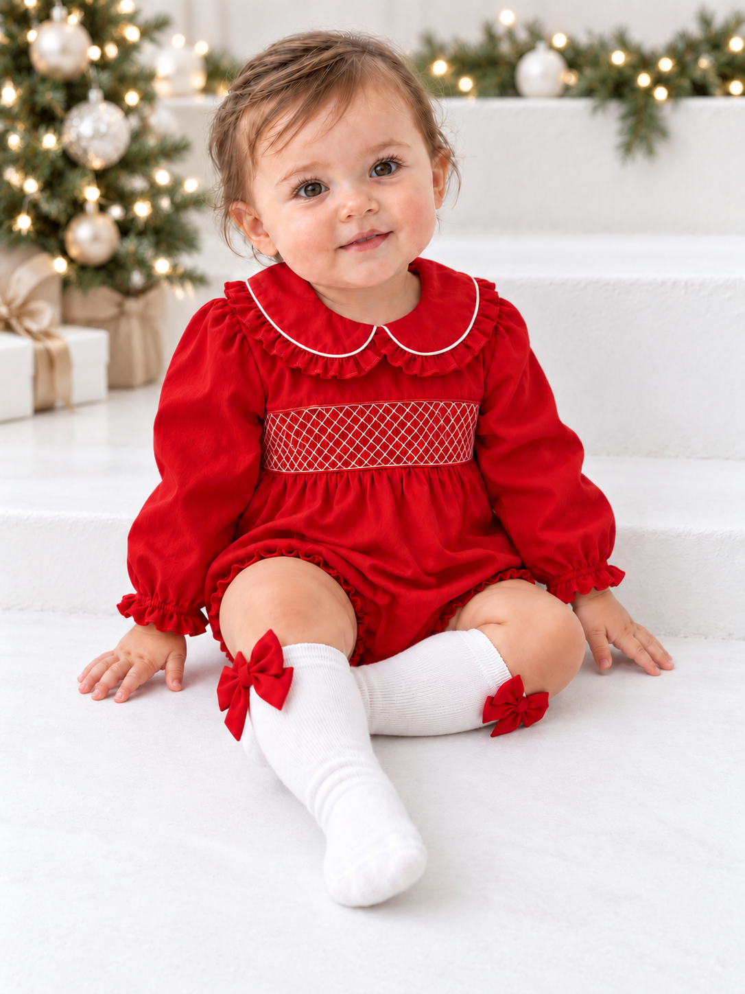 Norah Baby Girls Back Bow Smocked Romper & Bow Socks Set Red