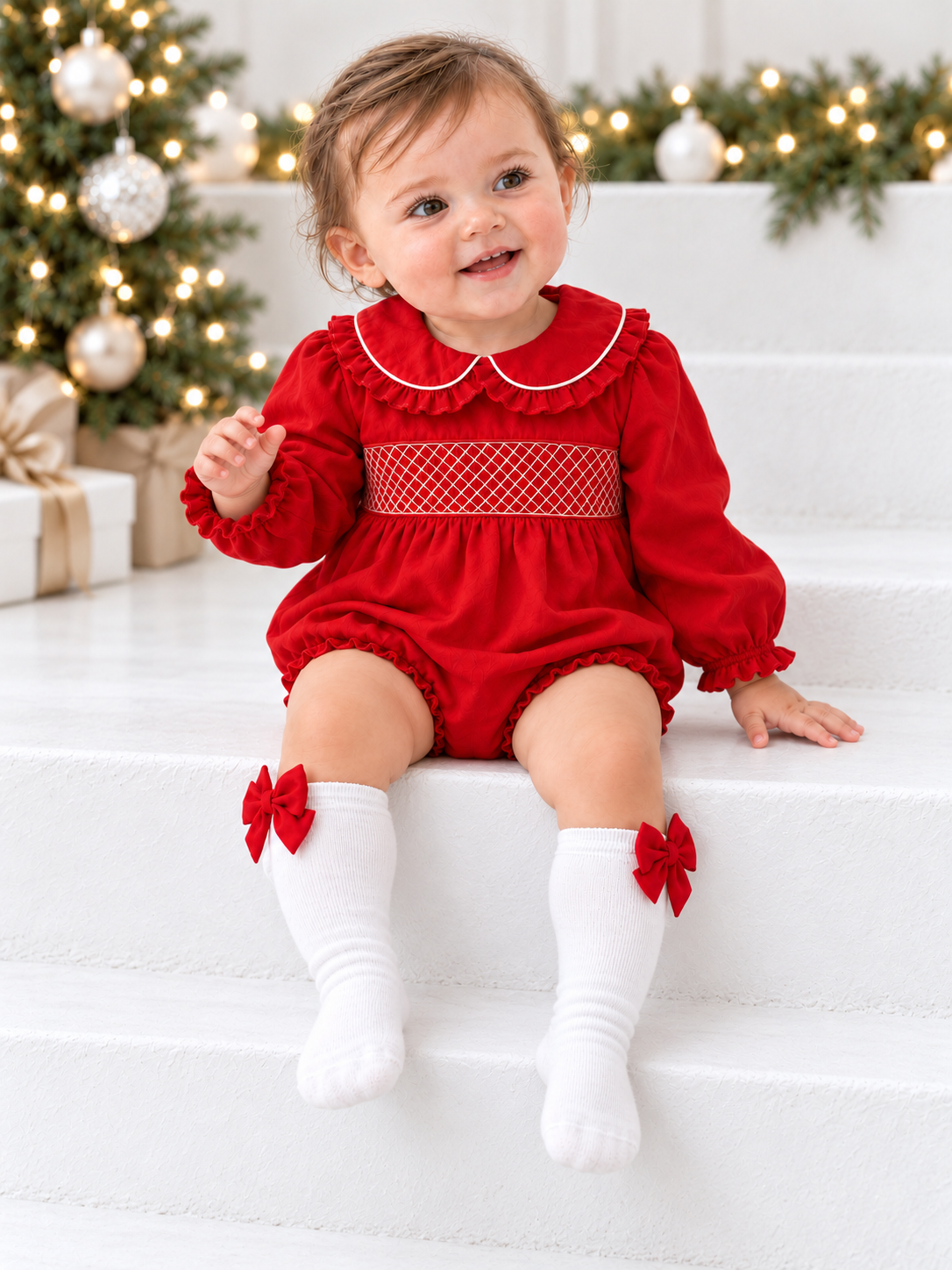 Norah Baby Girls Back Bow Smocked Romper & Bow Socks Set Red