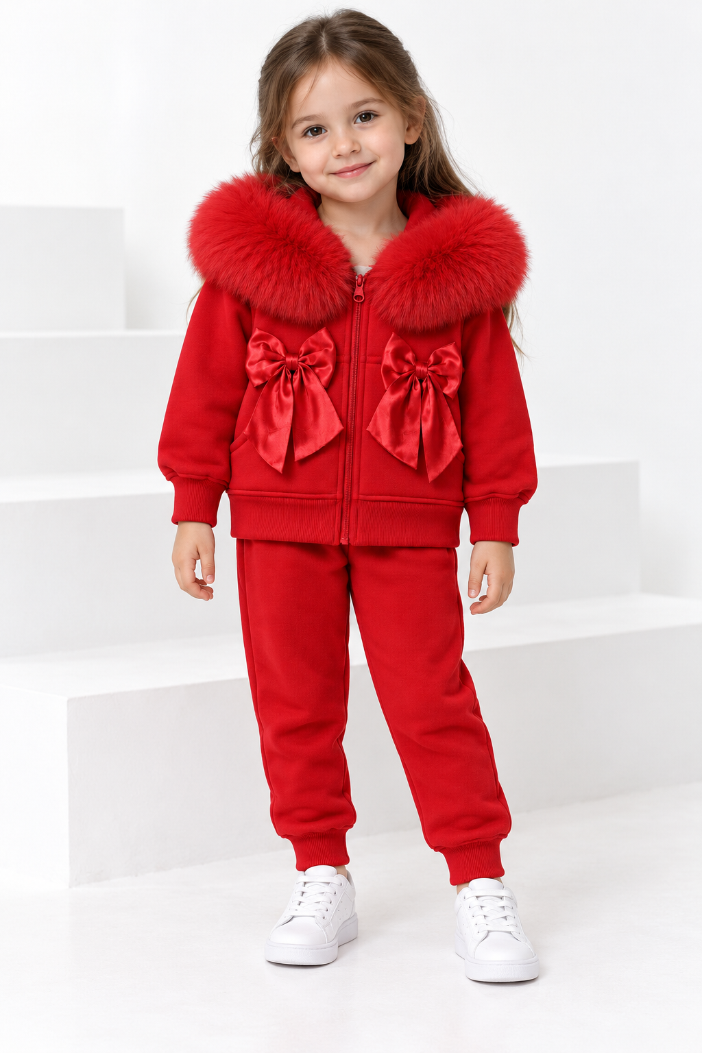 Evabella Faux Fur Bow Tracksuit Red